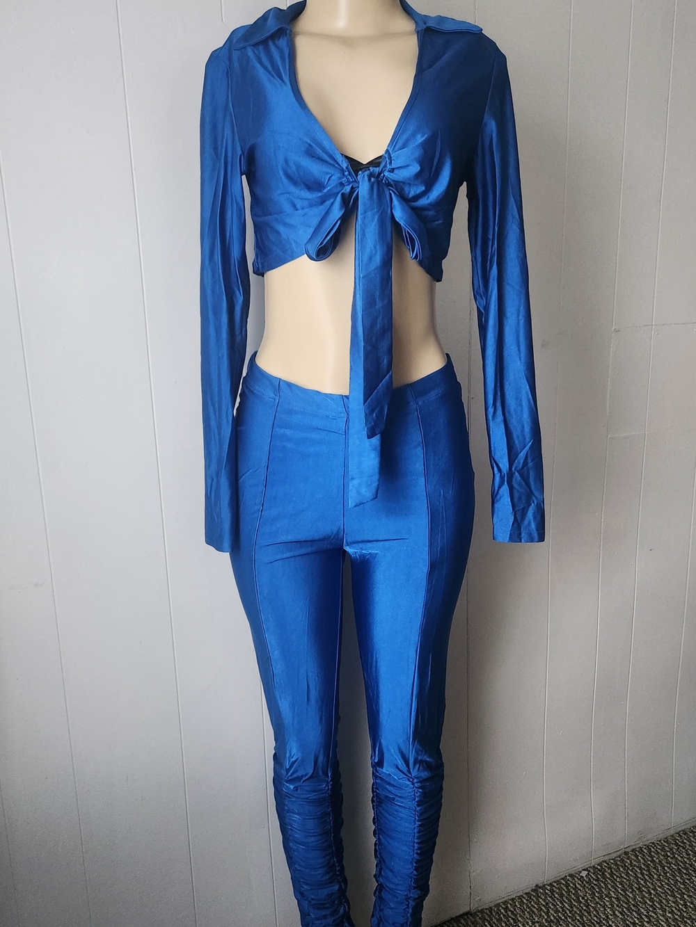 Blue Satin Tie-Front Pants Set